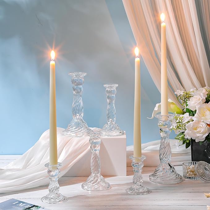 Mumufy 6 Pack Glass Taper Candle Holders Clear Candlestick Holder Fit 0.8 Inch Candles 4'' 6'' 8'' Tall Crystal Decorative Candlestick Stand Centerpiece for Table Wedding Dining Party (Spiral)