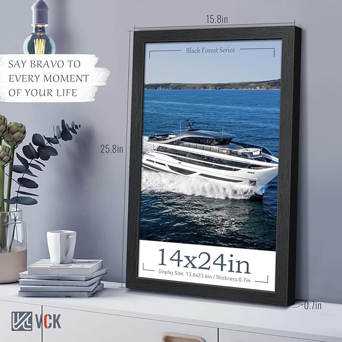 VCK 14x24 Picture Frame Set of 3, Black Solid Wood Poster Frames, Textured Exclusive Wall Gallery Frame