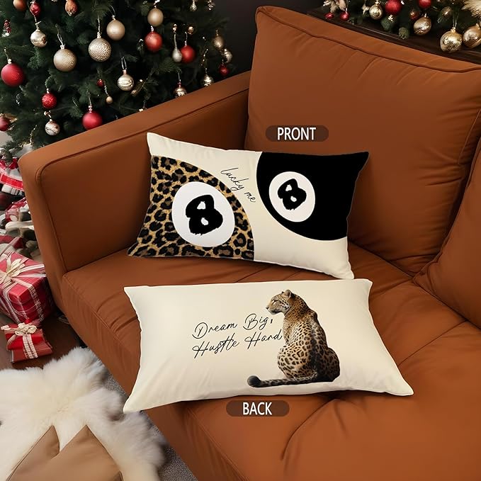 Trendy Leopard Lucky 8 Ball Pillow Covers 20x12, Cheetah Leopard Print Room Decor, Funky Preppy Leopard and Black Billiards Decorative Throw Pillow Covers for Girls Dorm Apartment
