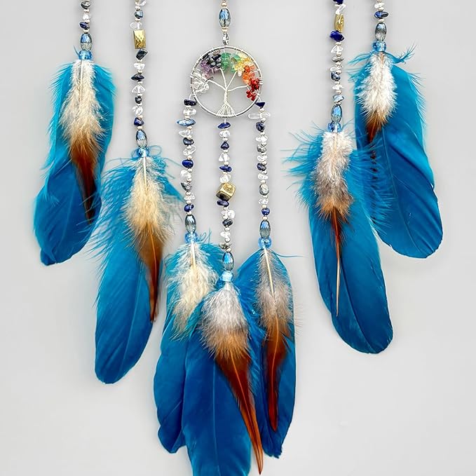 Tree of Life Dream Catchers,Handmade Rainbow Healing Crystal Stone Dream Catcher Wall Hanging Ornament for Bedroom Wedding Party Decor, Festival Blessing Gift (Blue Purple Tree of Life Art(Moon))