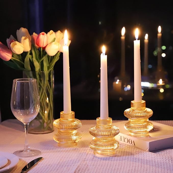 VOHO 12pcs Champagne Gold Candlestick Holders for Fall Table Centerpieces, Gold Candle Holders for Tealight Taper Candles, Vintage Ribbed Taper Candle Holders for Thanksgiving Christmas Holiday Decor