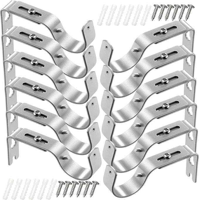Frienda 12 Pcs Curtain Rod Brackets Adjustable Holder Wall for 1 Inch Diameter Curtain Rod General Bracket Hooks with Screws (Matt Silver)
