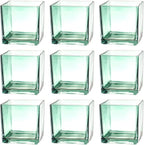 Square Glass Vases Set of 9, 4"x 4"x 4" Flower Vases for Centerpieces, Green Glass Vase for Flowers, Small Vase for Wedding, Party, Home Office Decoration