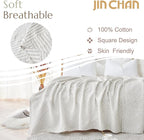 jinchan Boho 100% Cotton Blanket Muslin Twin Size 60x80 Inches Lightweight 3-Layer Geometric Square Pattern Reversible Quilt Throw Soft Breathable Comfy All Seasons for Couch Bed Decor, Light Grey