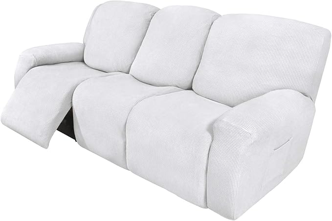 Easy-Going 8 Pieces Recliner Sofa Stretch Sofa Slipcover Sofa Cover Furniture Protector Couch Soft with Elastic Bottom Kids, Spandex Jacquard Fabric Small Checks Snow White