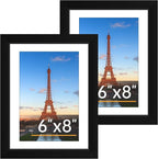 FIXSMITH 6x8 Picture Frame Set of 2, Photo Frame with HD Plexiglass, Display Pictures 5x7 with Mat or 6x8 Without Mat Multi Picture Frames Collage for Tabletop or Wall Display, Black