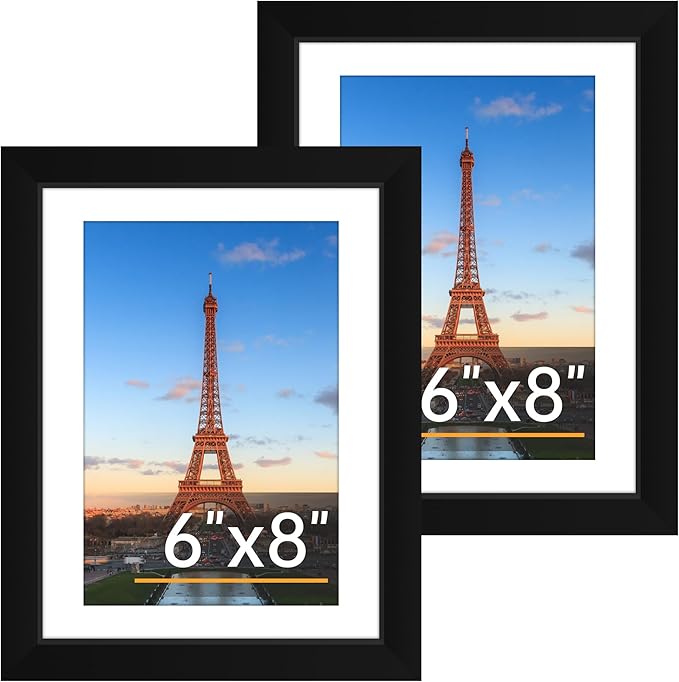 FIXSMITH 6x8 Picture Frame Set of 2, Photo Frame with HD Plexiglass, Display Pictures 5x7 with Mat or 6x8 Without Mat Multi Picture Frames Collage for Tabletop or Wall Display, Black