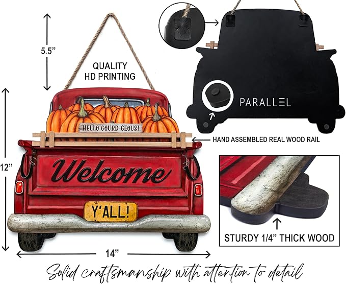 Interchangeable Welcome Sign for Front Door Red Farmhouse Truck Decor Hanging Sign with 11 Interchangeable Seasonal and Holiday Decor Signs 12x14 in. (Country Rustic)