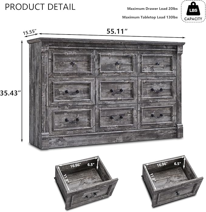 Farmhouse 9 Drawers Dresser for Bedroom, 55" Wide Large Dressers & Chests of Drawers w/Roman Column, Storage Dressers Organizer for Bedroom, Hallway, Living Room, Light Grey