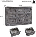 Farmhouse 9 Drawers Dresser for Bedroom, 55" Wide Large Dressers & Chests of Drawers w/Roman Column, Storage Dressers Organizer for Bedroom, Hallway, Living Room, Light Grey