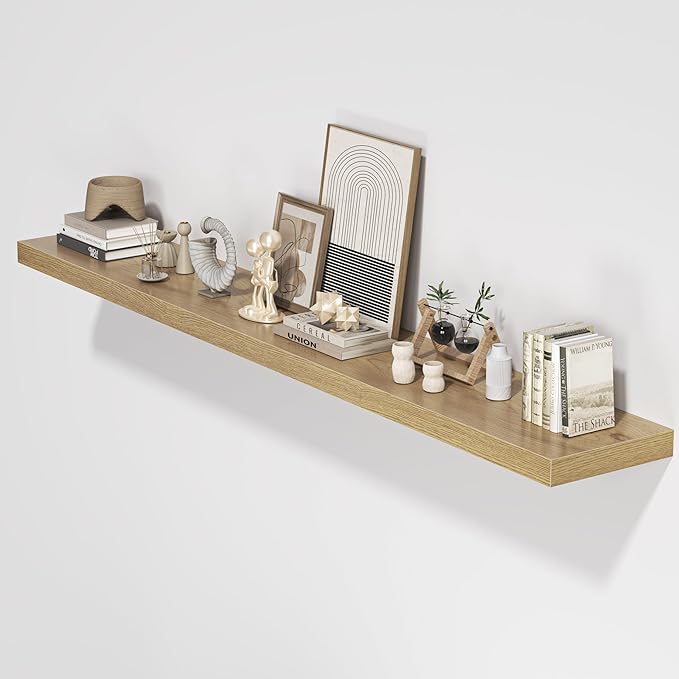 Floating Shelves for Wall, 72"W x 9.3"D x 1.5"H, Long Wooden Wall Mounted Display Shelves with Invisible Brackets for Living Room, Bedroom, Bathroom, Kitchen Decor and Storage, Set of 1, Oak