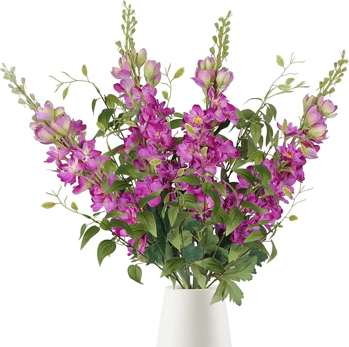 Fuschia Pink Flowers Artificial Delphinium Combo Clematis Greenery Silk Flowers 8pcs Long Stem Hot Pink Flowers for Tall Vase Artificial Snapdragon Flowers for Vases for Decoration (Fuschia)