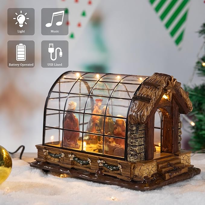 VCUTEKA Christmas Village Collectible Building, Animated Christmas Village Greenhouse Musical Village Perfect Addition to Your Xmas Indoor Decorations or Holiday Displays, Brown