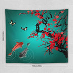 Houselerax Japanese Koi Fish Tapestry, Cherry Blossoms Asian Oriental Green Teal Floral Branch Koi Fish Carp Tapestries Wall Hanging for Bedroom Living Room Office Decor 60"x50"