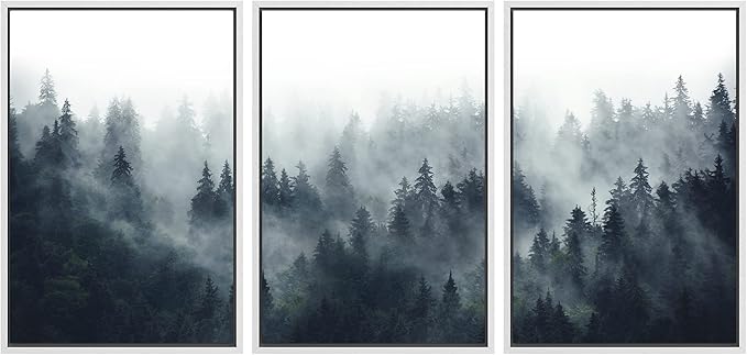 SIGNWIN Framed Canvas Print Wall Art Woodland Nursery Decor Set Misty Mountain Range Pine Tree Forest Nature Realism Decorative Rustic Chic for Living Room, Bedroom, Office - 16"x24"x3 White