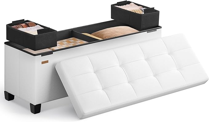 SONGMICS Storage Ottoman, Storage Bench with Legs, 15 x 43 x 15.7 Inches, Ottoman Bench, 30 Gal. (112 L), Synthetic Leather, for Living Room, Entryway, Cloud White ULSF0514W02