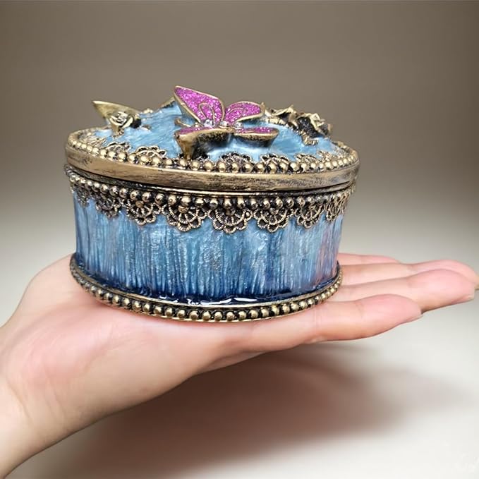 Round Jewelry Box with Purple Butterfly Decoration - Elegant Treasure Box for Women, Portable Ring & Earring Storage Case, Wedding Gift for Necklaces, Bracelets & Accessories