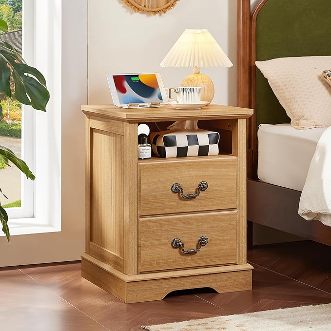 Farmhouse Nightstands with Charging Station，18" End Table with 2 Drawers，Farmhouse Nightstand with Vintage Handles, Bedside Cabinet for Bedroom for Bedroom, Living Room,Natural
