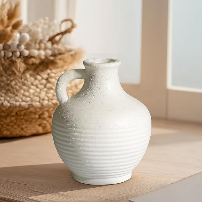 White Ceramic Vase, Rustic Farmhouse Vase with Handle, Pottery Vases for Flower, Farmhouse Decor, Centerpiece Table Decorations, 6 inch
