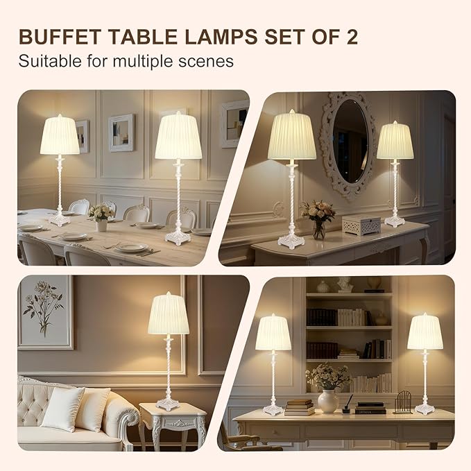 Vintage Table Lamp Set of 2, 33'' Tall Skinny Candle Stick Buffet Lamps with Pleated Shades, 3-Way Dimmable Bulb Included, Traditional Nightstand Bedside Lamps for Living Room Bedroom Dinning Entryway