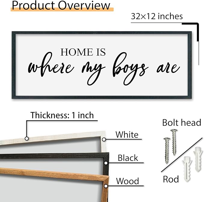 SRSZHIYUE Home Is Where My Boys Are Sign 32"×12" New Mothers Day Gifts ideas Wall Art for kids Playroom Mom Quote Bedroom Large Wood Framed Wall Hanging Decor (Black)