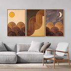 Tinonedraw Boho Mountain Framed Canvas Wall Art Set, Mid Century Modern Geometric Line Wall Decor, Bohemian Sun and Moon Art Paintings, Beige Brown Wooden Artwork for Living Room Bedroom Office 16"x24"x3