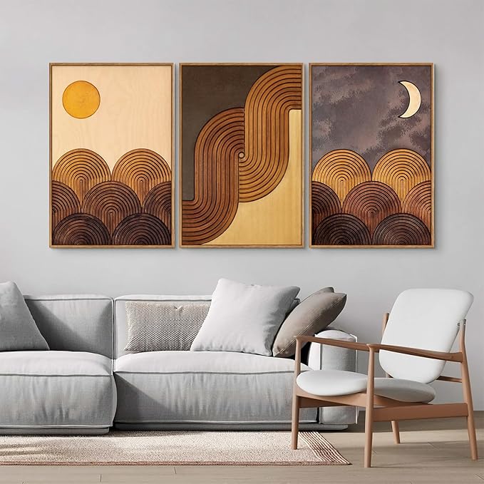 Tinonedraw Mid Century Modern Framed Canvas Wall Art Set, Boho Minimalist Geometric Wall Decor, Bohemian Sun and Moon Art Paintings, Beige Brown Wooden Artwork for Living Room Bedroom Office 24"x36"x3
