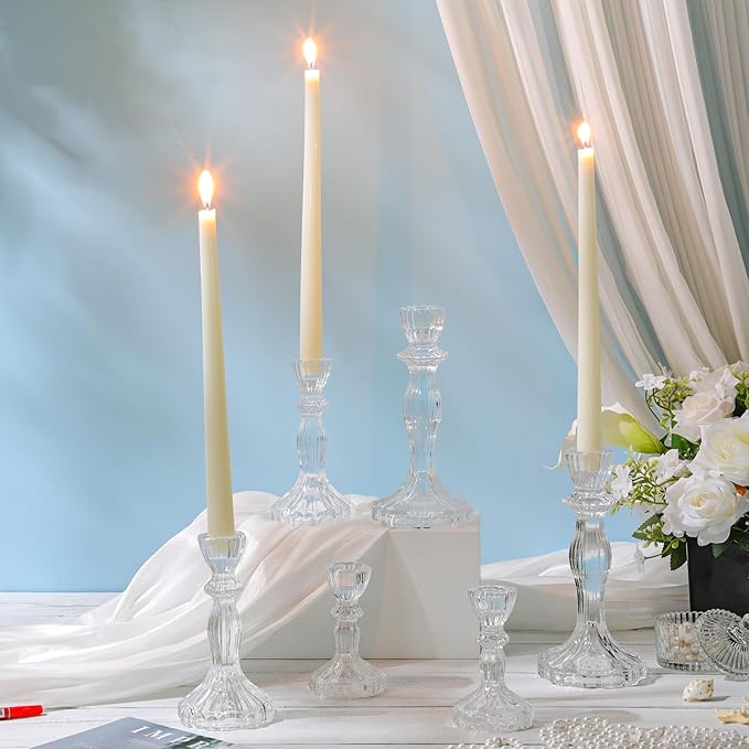 Mumufy 6 Pack Glass Taper Candle Holders Clear Candlestick Holder Fit 0.8 Inch Candles 4'' 6'' 8'' Tall Crystal Decorative Candlestick Stand Centerpiece for Table Wedding Dining Party (Classic)