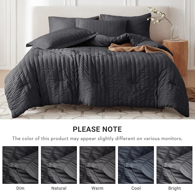 MUXHOMO 5 Pieces Twin XL Comforter Set, Seersucker Bed in a Bag Twin XL Size, All Season Luxury Bedding Set with Comforter, Flat Sheet, Fitted Sheet, Pillowcase & Sham, Dark Grey
