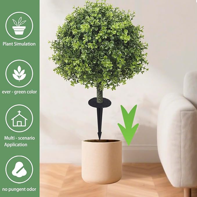 Set of 2 Artificial Boxwood Topiary Ball Trees for Outdoor with Ground Spike 29.5", UV Resistant Faux Greenery Shrubs, Fake Plants for Garden, Porch, Patio Valentine's Day Decor