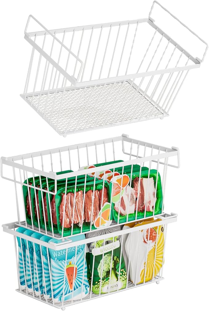 3 Pack Stackable Deep Freezer Organizer Bins ，Upgraded Bottom Leak-Proof net，Encryption and Hardening ， Freezer Organizer Bins for 5 to 9 Cu.FT Small Chest Freezer， Easy Get Bottom Foods