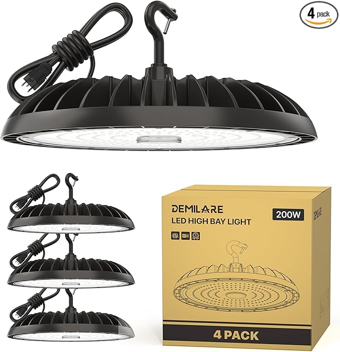 200W 4 Pack LED High Bay Light 30000 lm, 5000K UFO High Bay Led Shop Lights ETL Listed US Hook 5' Cable Plug, 800W MH/HPS Eqv. Commercial Lighting for Workshop, Garage, Warehouse 100-277V