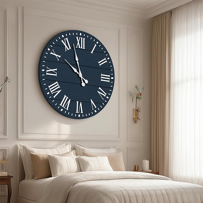 Large Wall Clock with Roman Numeral, 35” Shiplap Wall Clock Farmhouse Nearly Non-Ticking, Round Clock for Living Room Decor, Office, Bedroom, Entrance, Blue