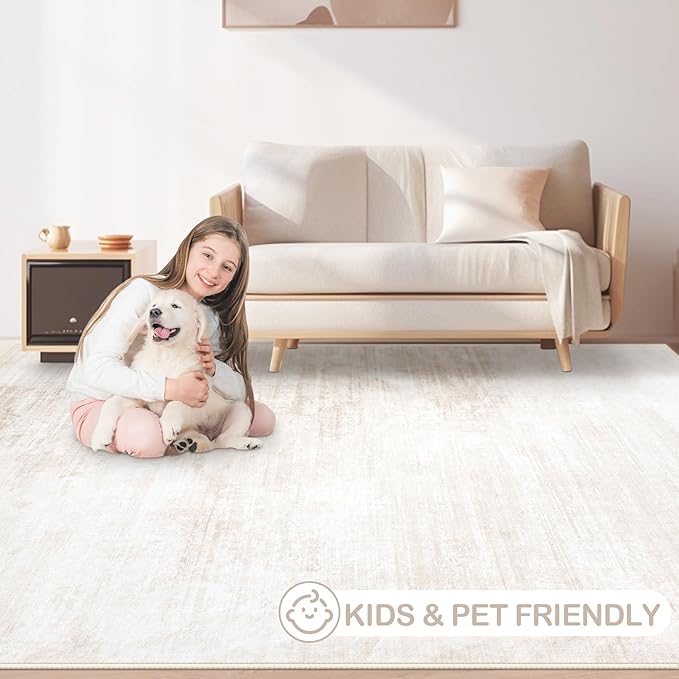 Area Rugs 10x14 Living Room: Washable Rug Modern Abstract Large Rugs Soft Non Slip Neutral Rug Stain Resistant Indoor Carpet for Bedroom Kitchen Dining Room Home Office Rugs(Beige, 10'x14')