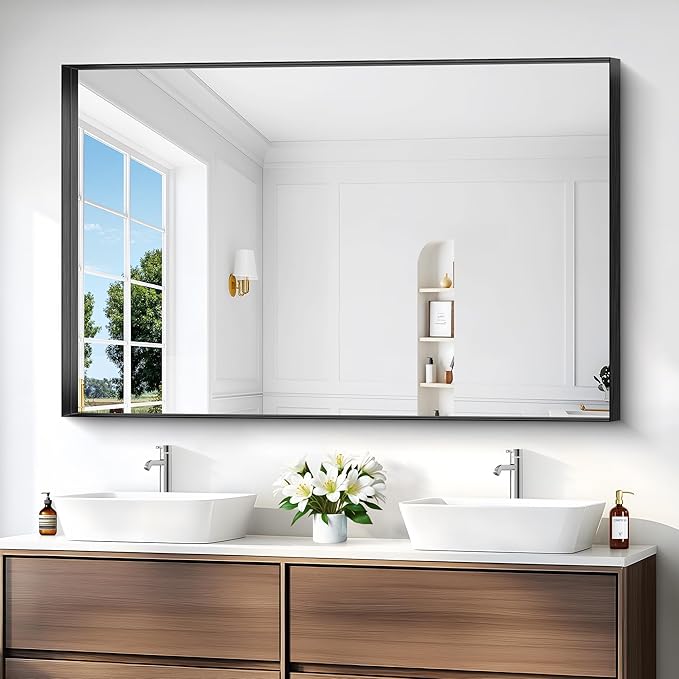 Black Bathroom Mirror, 36x55 Inch Rectangular Deep Frame Mirror, Large Wall Mounted Bathroom Vanity Mirror Over Sink for Bedroom,Restroom, Living Room, Hangs Vertically or Horizontally