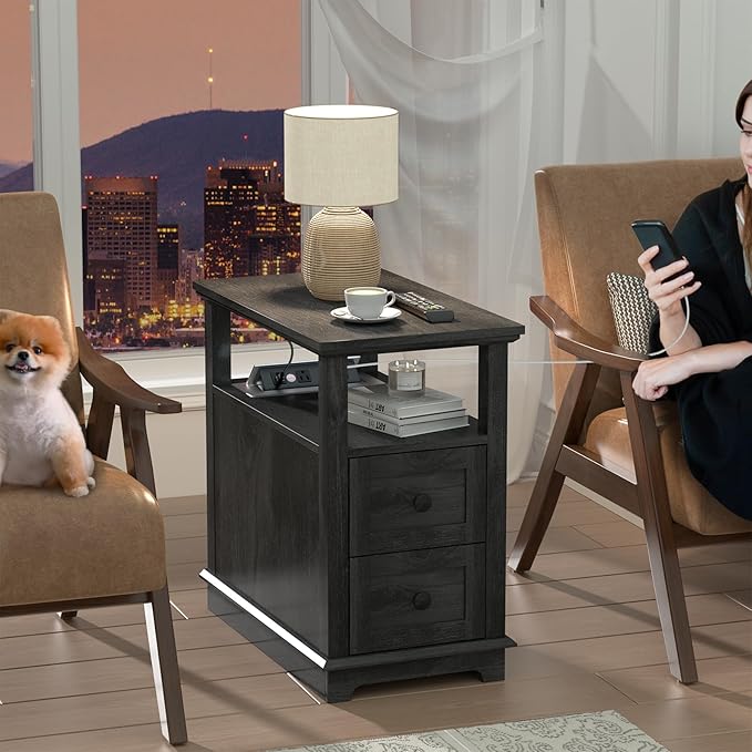 HIFYOBRO Narrow End Table with Flip Top Charging Station and 2 Drawers, Type-C & USB Port & Power outlets, Wooden Storage Cabinet, Side Table with Storage for Living Room and Bedroom
