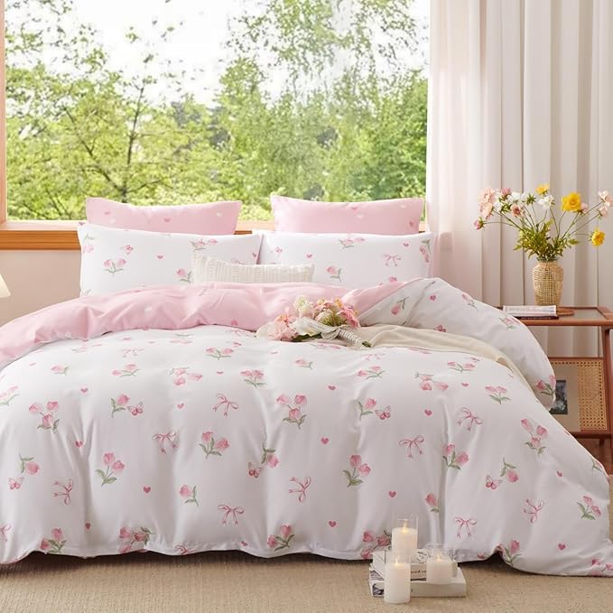 Floral Comforter Set King Size - 3 Pieces Pink White Floral Tulips Bow Comforter Bedding Sets Reversible Pattern,King Bed in a Bag with Flowers Comforter and 2 Pillowcases