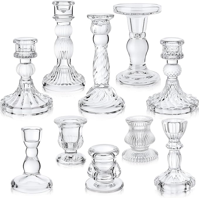 Mumufy 10 Pcs Glass Crystal Taper Candle Holders Clear Glass Candlestick Holder Fit 0.8 Inch Candles Crystal Decorative Candle Stand Centerpiece Table Wedding Dining Party (Classic,Clear)