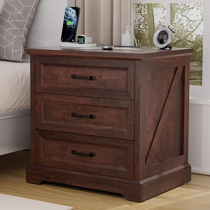 HOMMPA 24'' Farmhouse Nightstand with Charging Station, Bedside Tables with Storage, Side Table with USB Port, 3 Drawers End Table Dresser, Wood Night Stand for Bedroom, Living Room, Maroon Brown