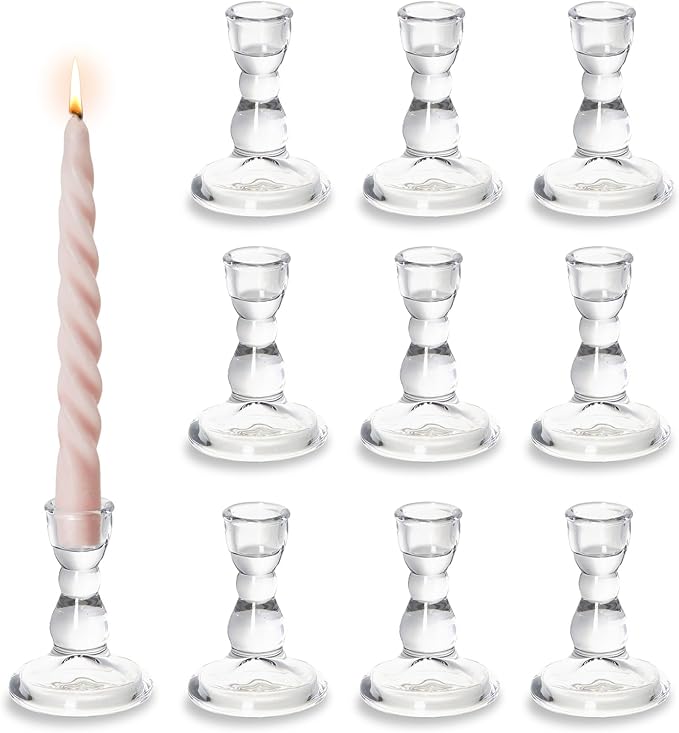 Glass Taper Candle Holders Small Clear Candlestick Holders Bulk, Thickened Glass Crystal Candle Sticks Set for Dining Table Wedding Party Fireplace Mantle Table Centerpiece Decor, 10Pcs