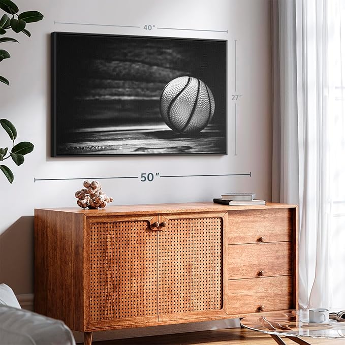 ElephantStock Basketball Wall Art - Horizontal Framed Canvas - 1-Piece Hallway Wall Decor - Photography sports Canvas Print - Black and Gray Decor for Wall - 40" X 27"