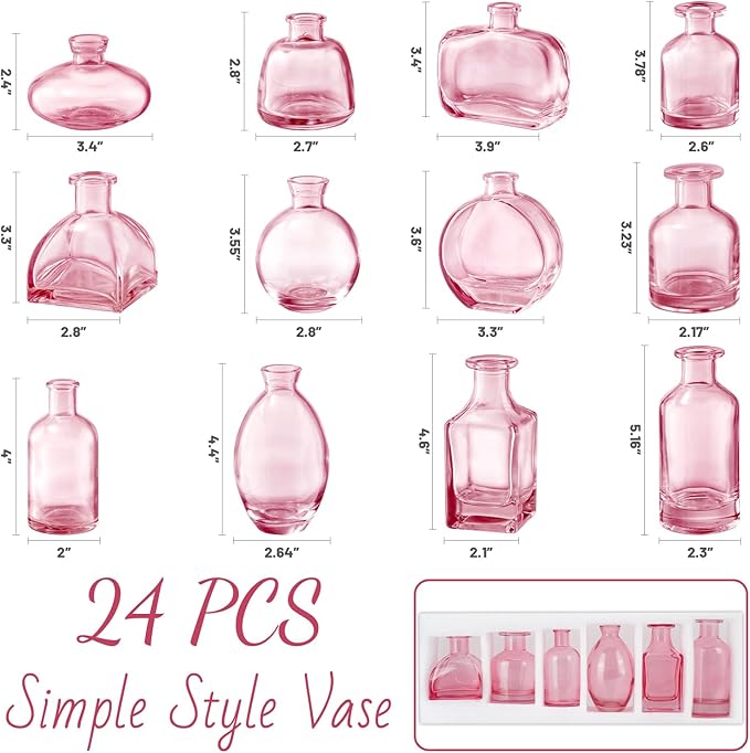 Pink Bud Vase Set of 24 - Small Glass Vase for Flowers, Bulk Mini Vases for Rustic Wedding Decor, Glass Vases for Centerpieces, Floral Arrangements, Clear Bud Vase