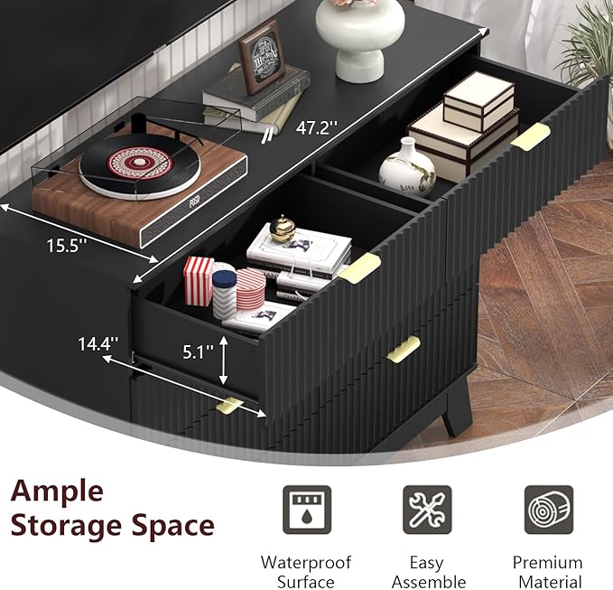 Fluted Dresser for Bedroom,8 Drawer Dresser for Closet,Storage Cabinet and Chest of Drawers with Gold Handle,TV Stand,Storage Organizer for Living Room,Hallway,Entryway,Black