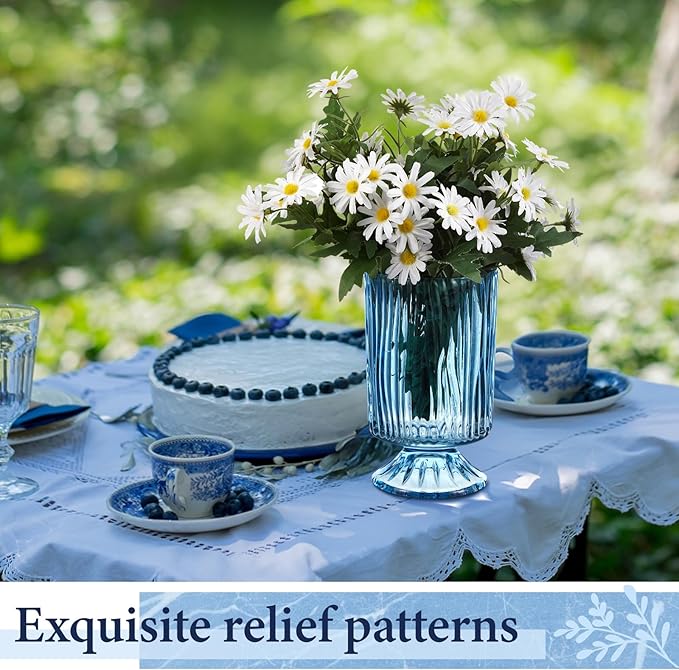 6 Pcs (H:7" W:4") Embossed Flower Vase Fall Pedestal Glass Vase Big Base Thickened Crystal Vintage Vases for Autumn Wedding Home Decor Table Centerpiece House Warming Gifts(Blue)