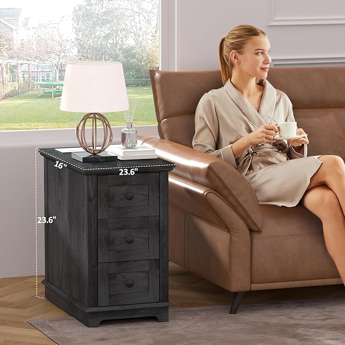 HIFYOBRO 3 Drawers End Table with Flip Top Charging Station, Side Table with Storage, Narrow Wooden Nightstand, End Table Living Room & Bedroom