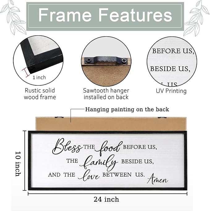 Bless the Food Before Us Wall Decor Art 24"X10" for Dining Room Kitchen Wall Wooden Framed Sign (Black)