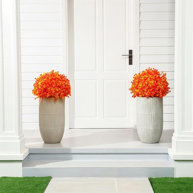 Yunlly Set of 2 Artificial Boxwood Topiary Ball Tree 27 Outdoor Boxwood Balls with Flower Faux Bush UV Resistance Fake Shrub Plant with Spike for Garden Porch Patio Decor (Fall Dark Orange,27x18inch)