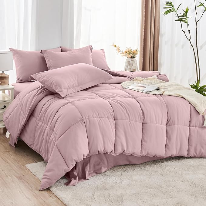 JOLLYVOGUE Twin XL Comforter Set, Ultra-Soft Bed in a Bag Twin XL Size 5 Pieces, Oeko-TEX Certified Bedding Set with Down Alternative Comforter, Sheets, Pillowcases & Shams, Camio Pink