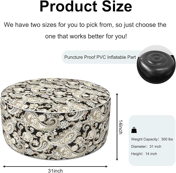 Inflatable Ottoman Stool D31 xH14 for Outdoor/Indoor Use, Water Repellent Patio Foot Rest Stool with Portable Handle,Round Pouf Ottoman Suitable for Garden,Deck and Camping - Paisley Black