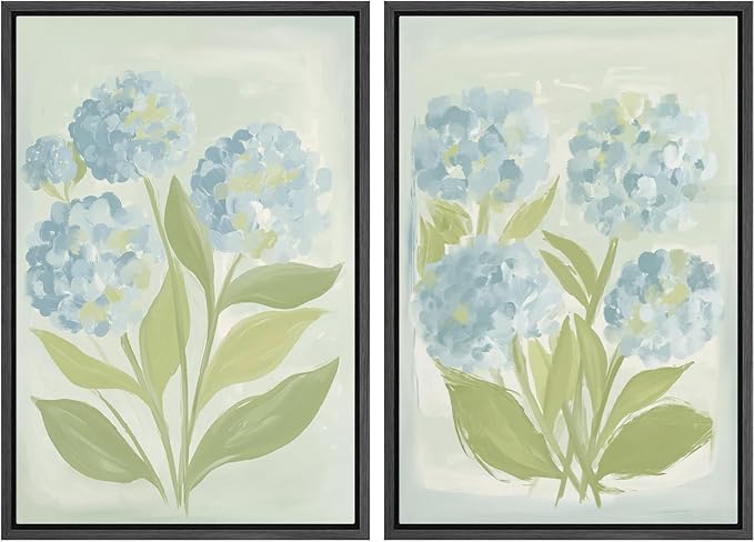SIGNFORD Framed Canvas Print Wall Art Set Soft Hydrangea Pair Light Blue Florals with Green Leaves Illustration Modern Art Decorative Nordic Nature for Living Room, Bedroom, Office - 16"x24"x2 Black